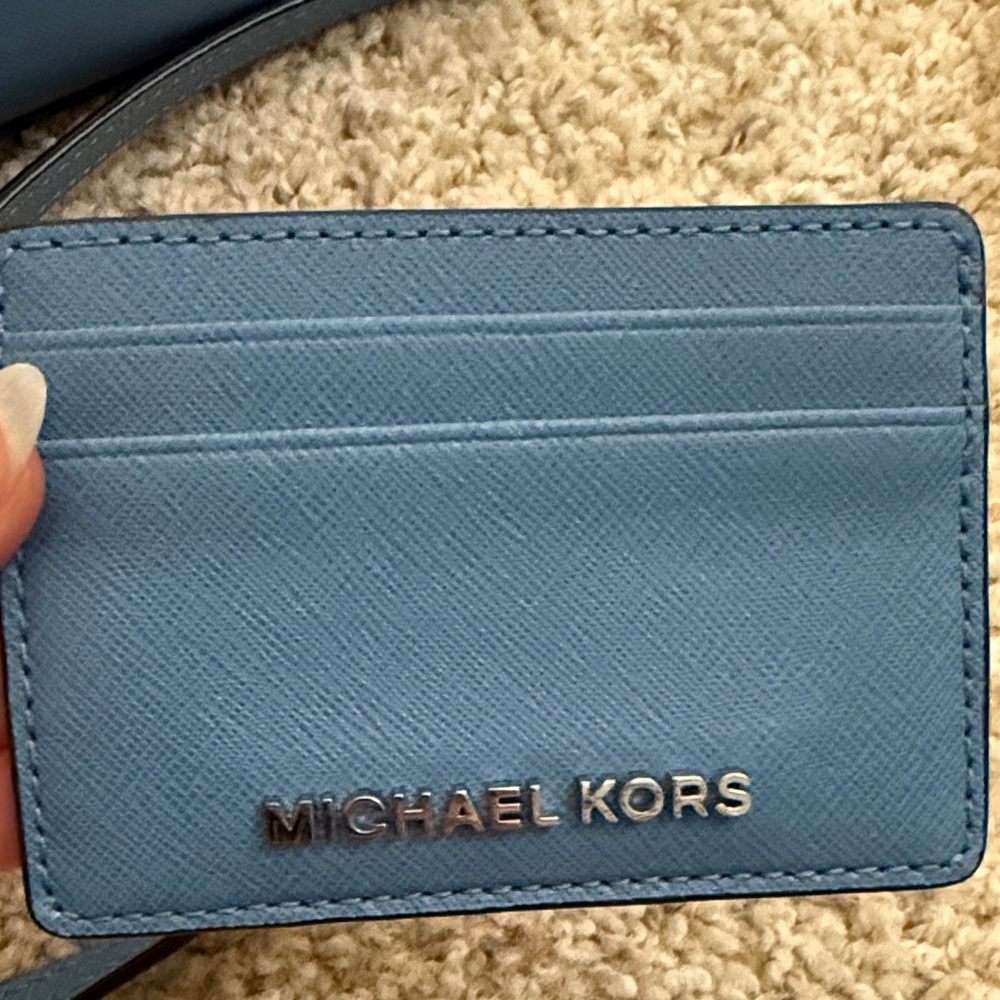 Michael Kors Jet Set Large Saffiano Leather Crossbody Bag + Card Holder | Blue - Picture 8 of 10